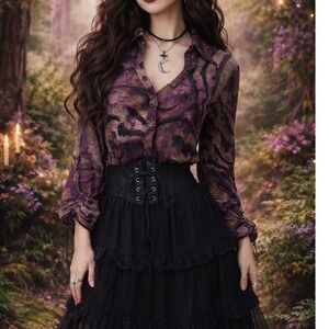 NWT Boho Chic Long Sleeve Blouse Whimsigoth Witchy Abstract Top Womens XL Artsy